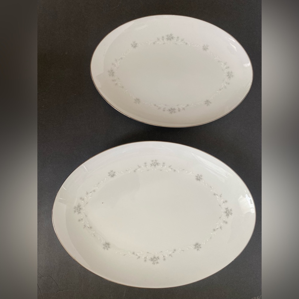 Sango China Japan JULIE two oval platters 12 inch and 14 inch gray floral